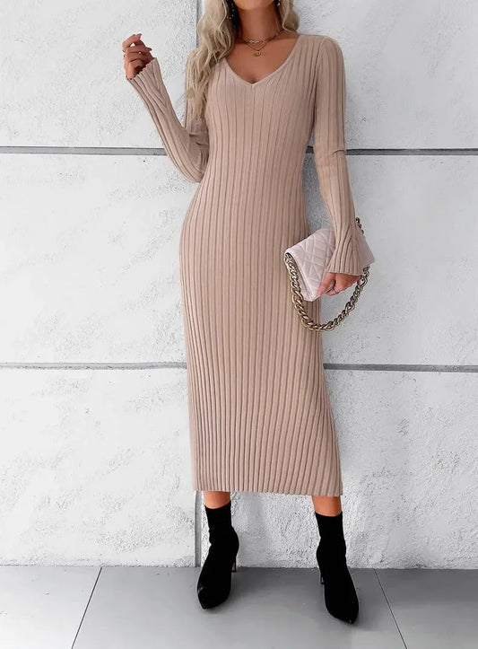 V-NECK LONG-SLEEVED | SWEATER DRESS | SOLID COLOR - Wildflower Enchanted