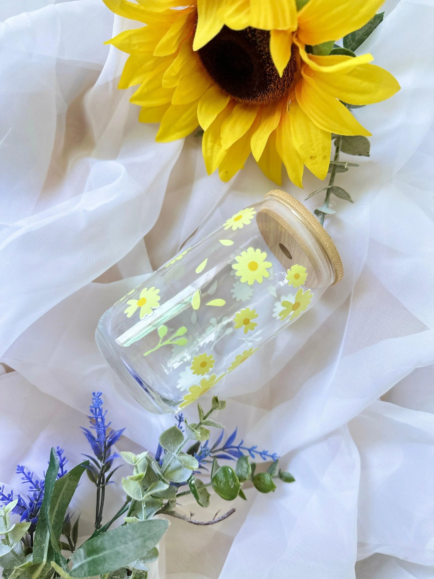 WHIMSICAL GLASS BEER CAN TUMBLER | UV DTF DESIGN | 16OZ BEER CAN CUP | GLASS TUMBLER | BAMBOO LID - Wildflower Enchanted