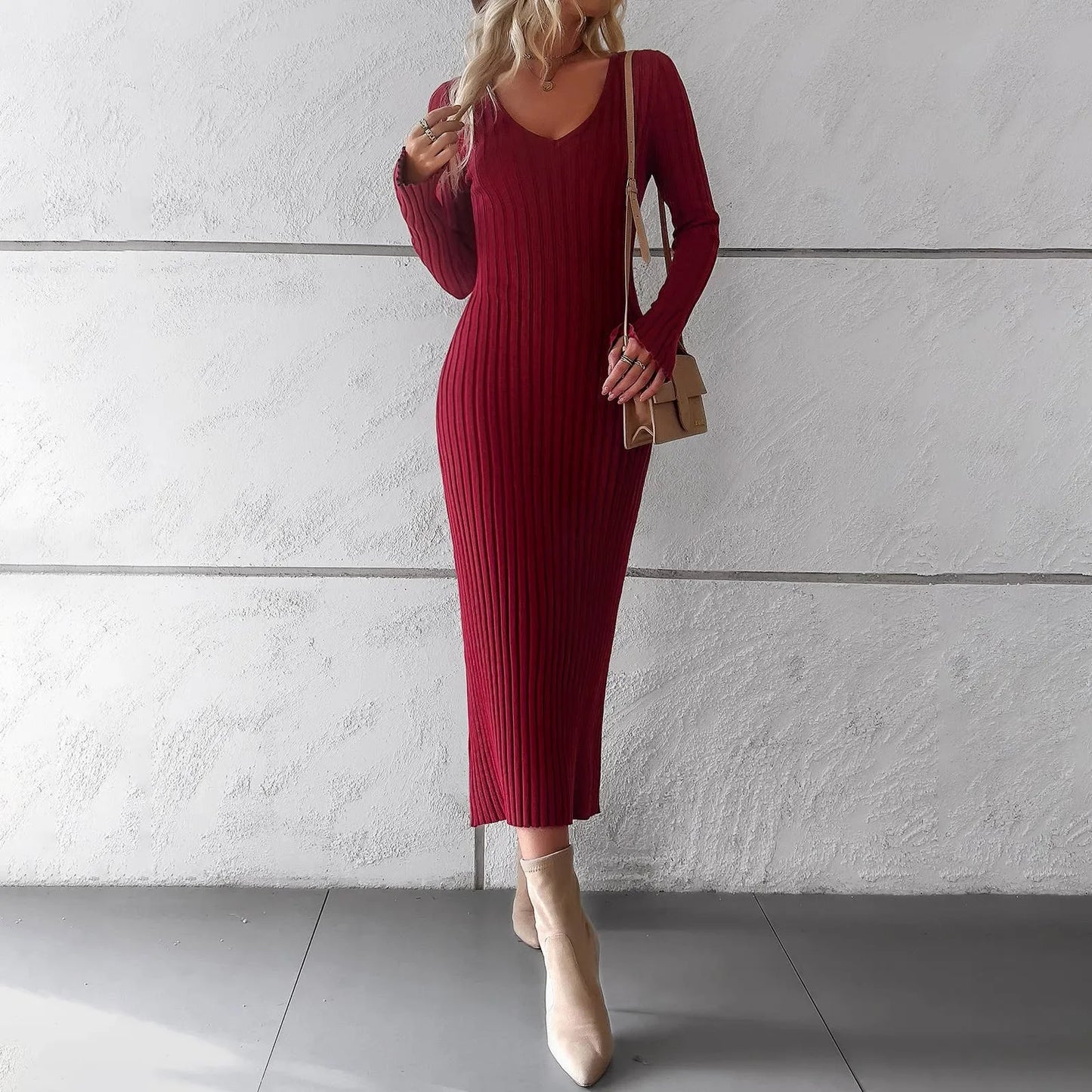 V-NECK LONG-SLEEVED | SWEATER DRESS | SOLID COLOR - Wildflower Enchanted