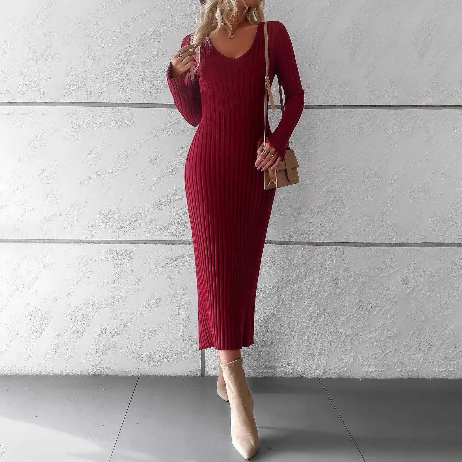 V-NECK LONG-SLEEVED | SWEATER DRESS | SOLID COLOR - Wildflower Enchanted
