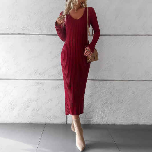 V-NECK LONG-SLEEVED | SWEATER DRESS | SOLID COLOR - Wildflower Enchanted