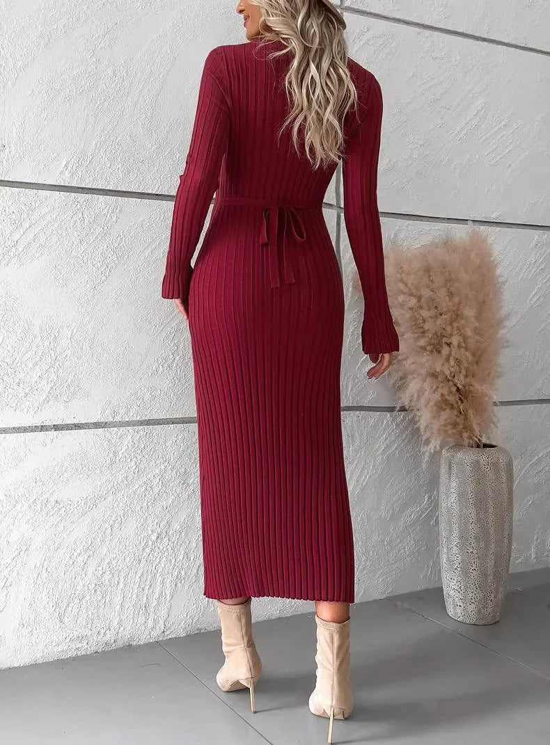 V-NECK LONG-SLEEVED | SWEATER DRESS | SOLID COLOR - Wildflower Enchanted
