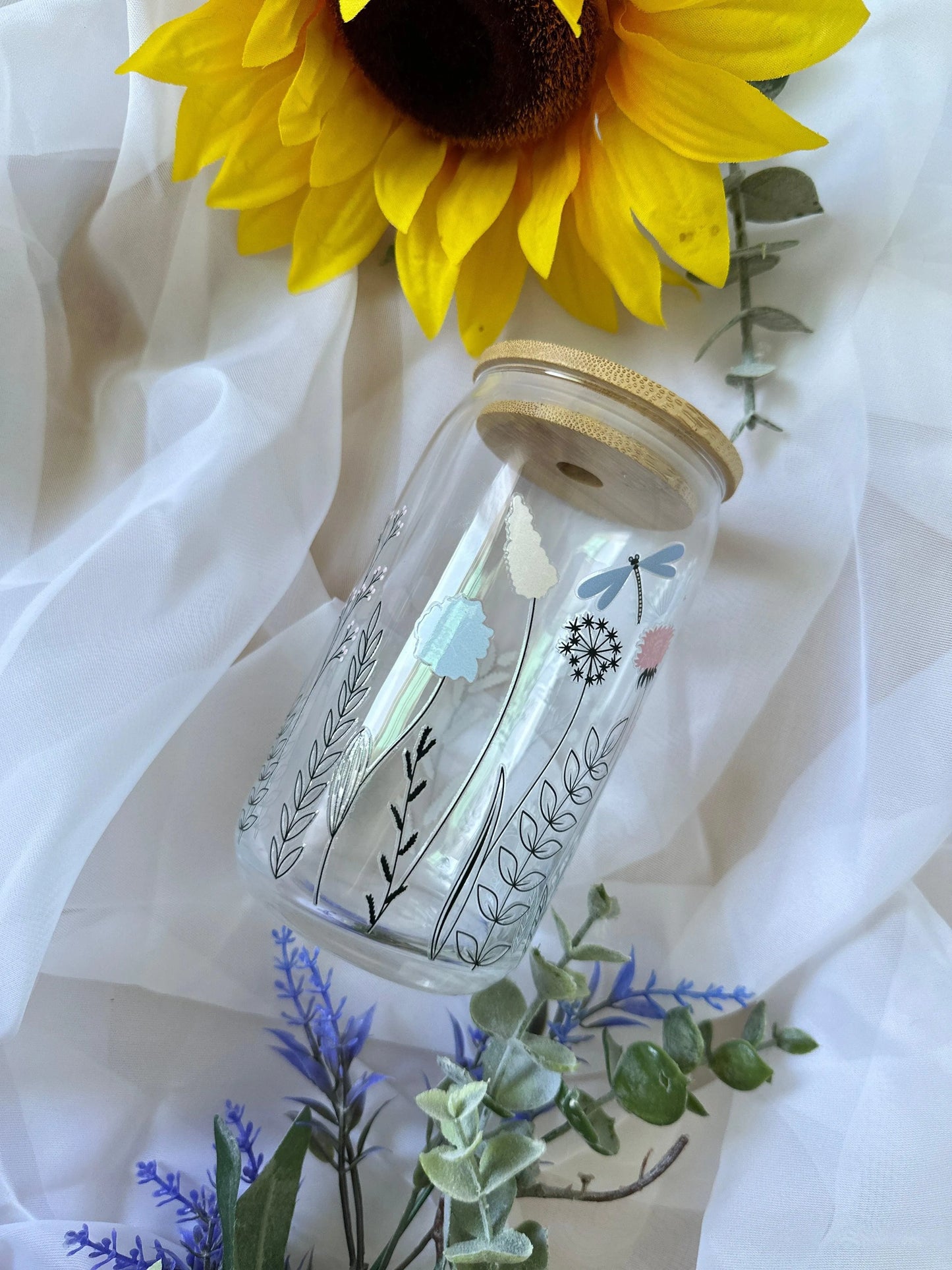 WHIMSICAL GLASS BEER CAN TUMBLER | UV DTF DESIGN | 16OZ BEER CAN CUP | GLASS TUMBLER | BAMBOO LID - Wildflower Enchanted