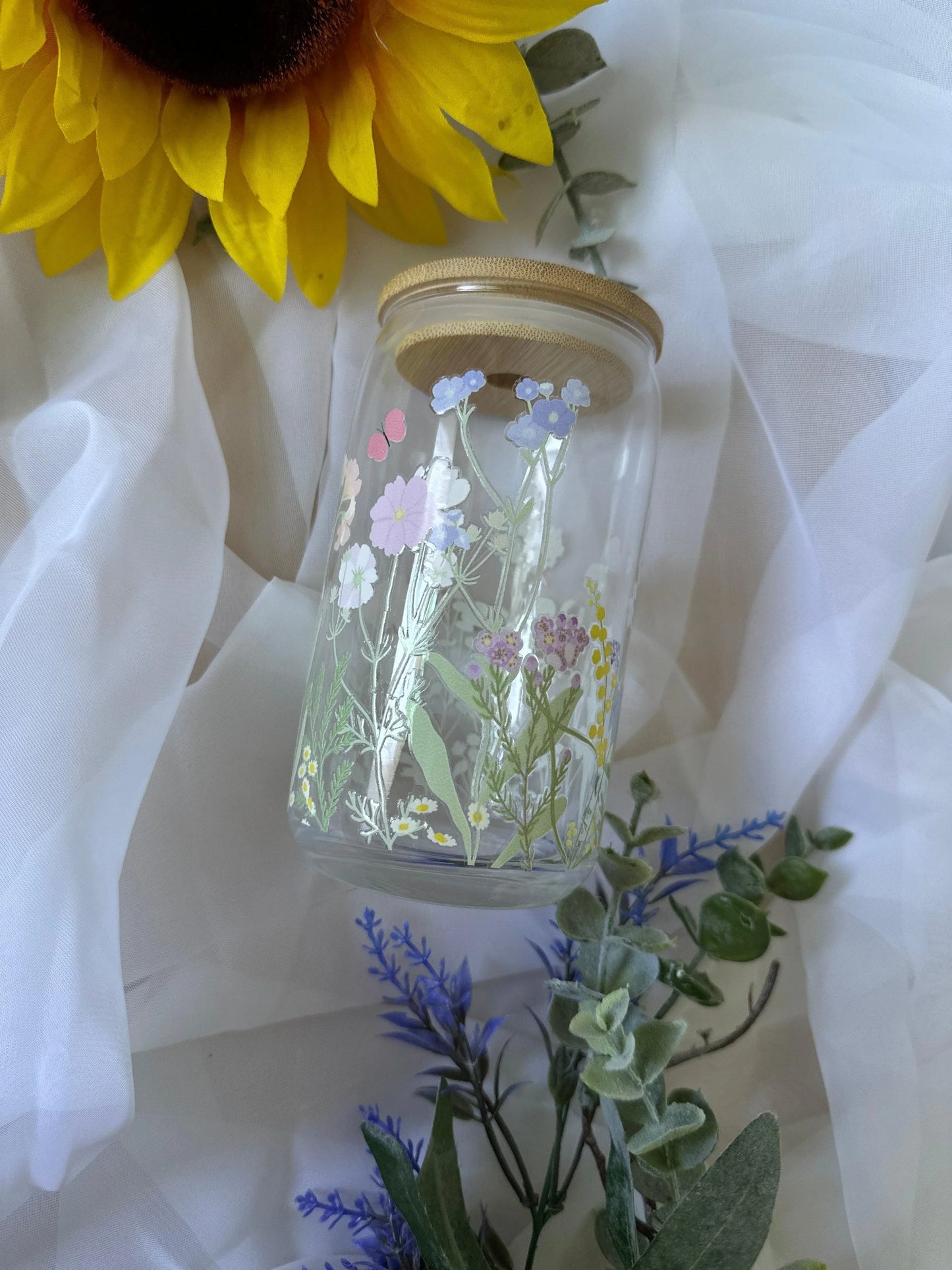 WHIMSICAL GLASS BEER CAN TUMBLER | UV DTF DESIGN | 16OZ BEER CAN CUP | GLASS TUMBLER | BAMBOO LID - Wildflower Enchanted