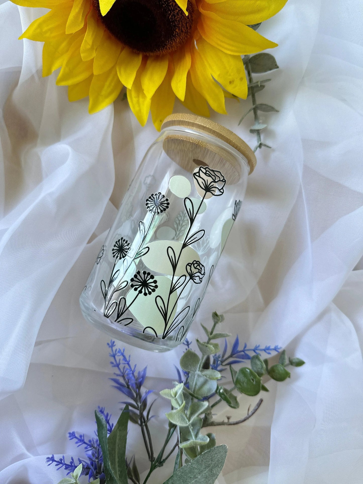 WHIMSICAL GLASS BEER CAN TUMBLER | UV DTF DESIGN | 16OZ BEER CAN CUP | GLASS TUMBLER | BAMBOO LID - Wildflower Enchanted