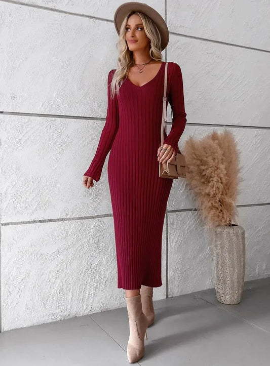 V-NECK LONG-SLEEVED | SWEATER DRESS | SOLID COLOR - Wildflower Enchanted
