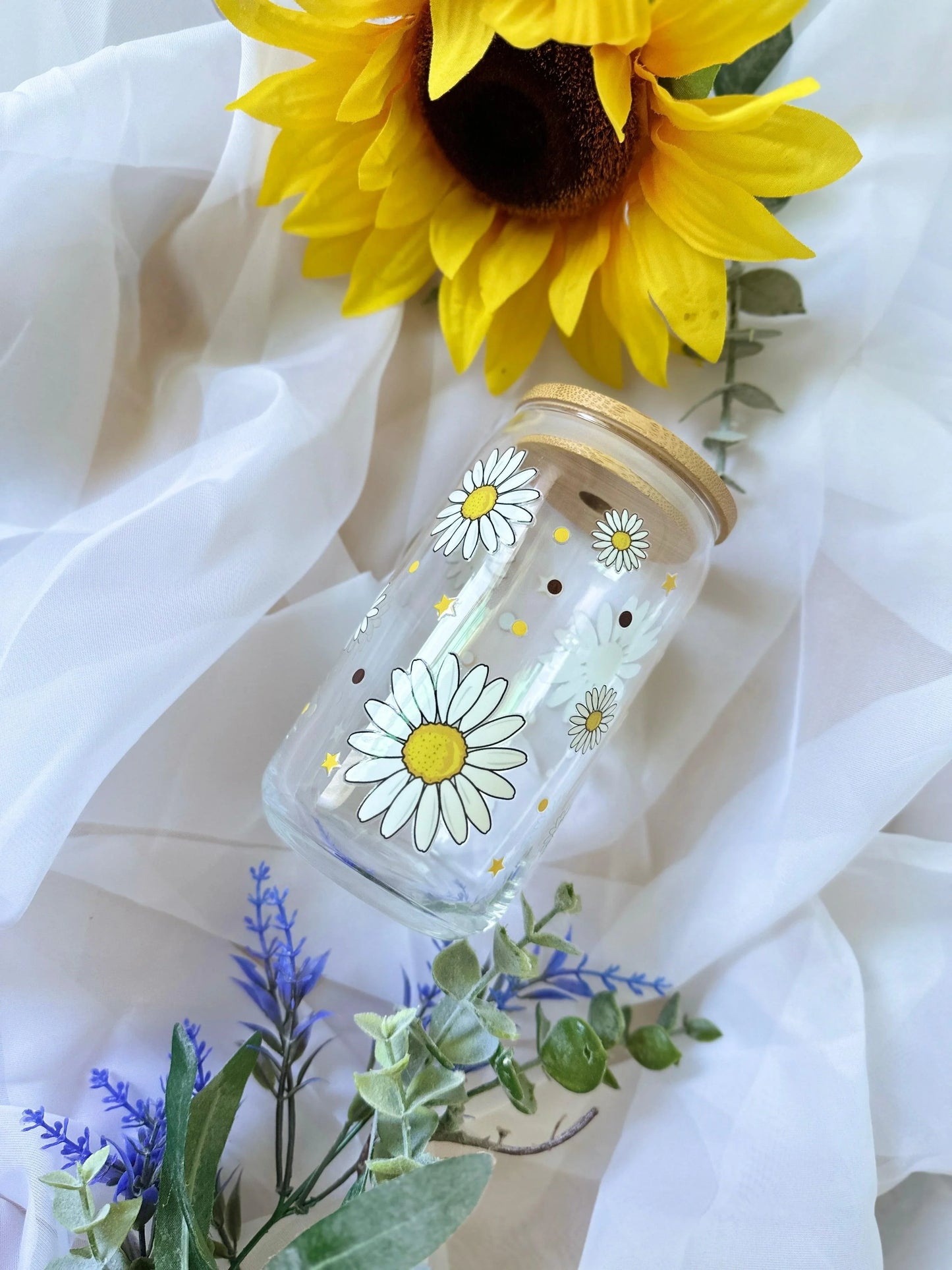 WHIMSICAL GLASS BEER CAN TUMBLER | UV DTF DESIGN | 16OZ BEER CAN CUP | GLASS TUMBLER | BAMBOO LID - Wildflower Enchanted