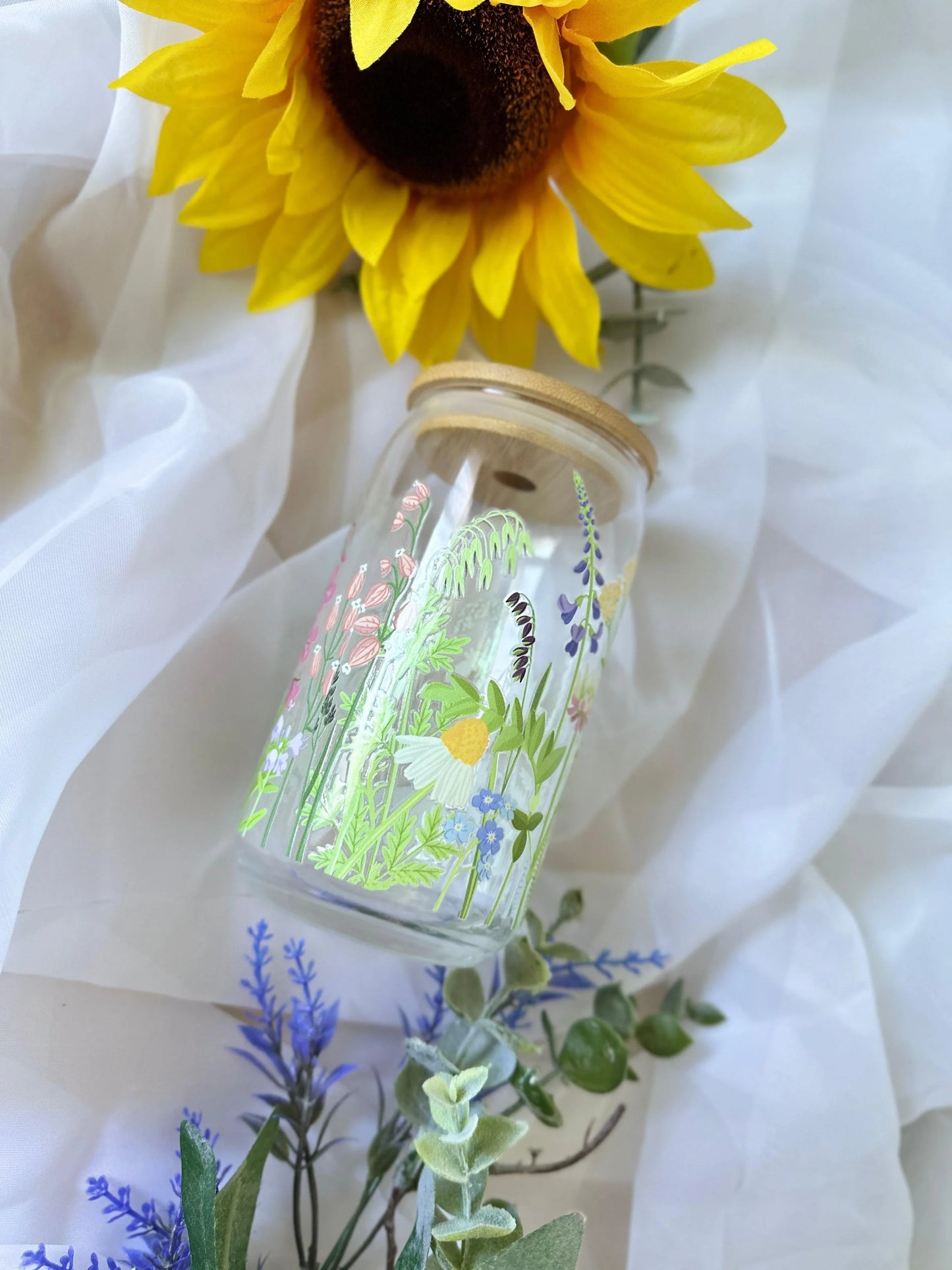 WHIMSICAL GLASS BEER CAN TUMBLER | UV DTF DESIGN | 16OZ BEER CAN CUP | GLASS TUMBLER | BAMBOO LID - Wildflower Enchanted