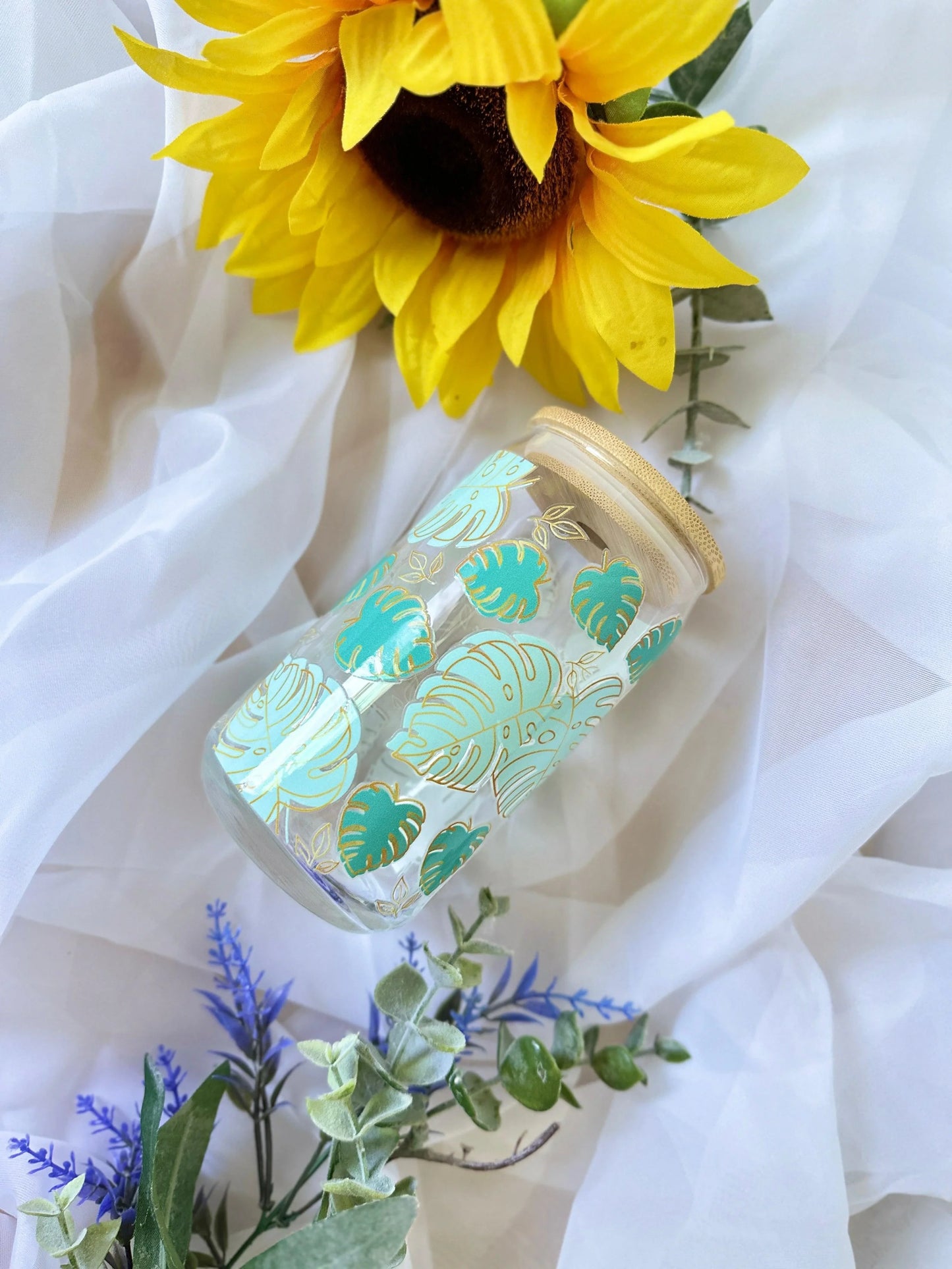 WHIMSICAL GLASS BEER CAN TUMBLER | UV DTF DESIGN | 16OZ BEER CAN CUP | GLASS TUMBLER | BAMBOO LID - Wildflower Enchanted