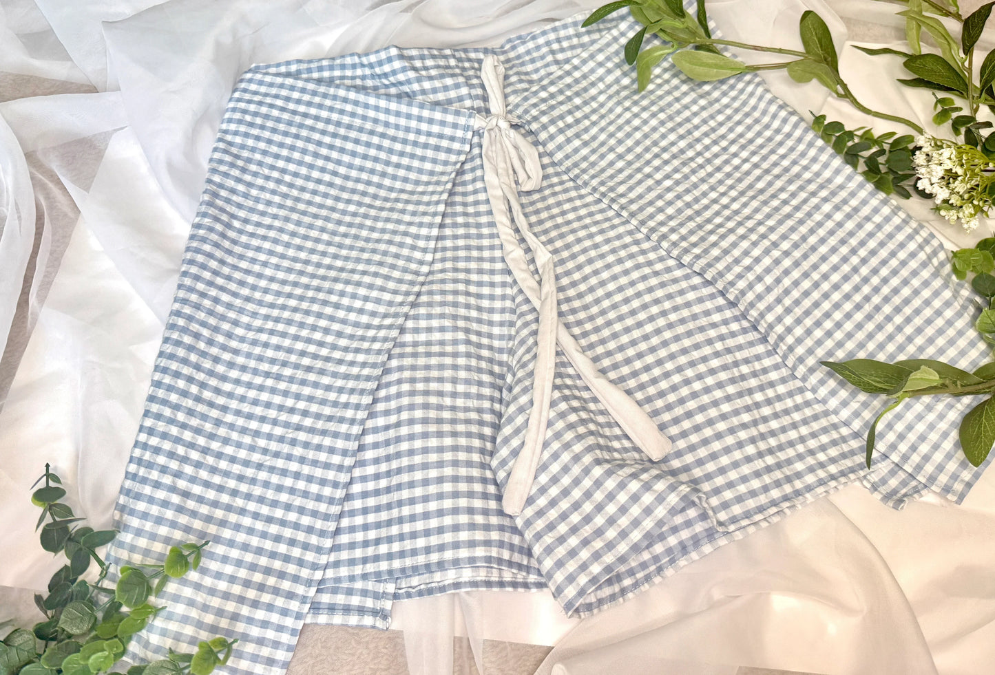 Floral Wrap Shorts Light Blue Gingham | Wrap Shorts | Bow Tie Closure - Wildflower Enchanted