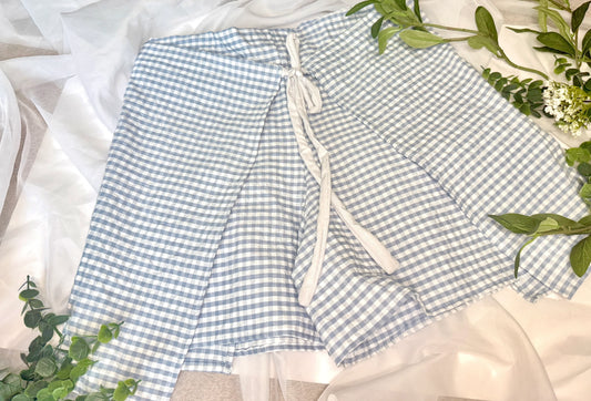 Floral Wrap Shorts Light Blue Gingham | Wrap Shorts | Bow Tie Closure - Wildflower Enchanted