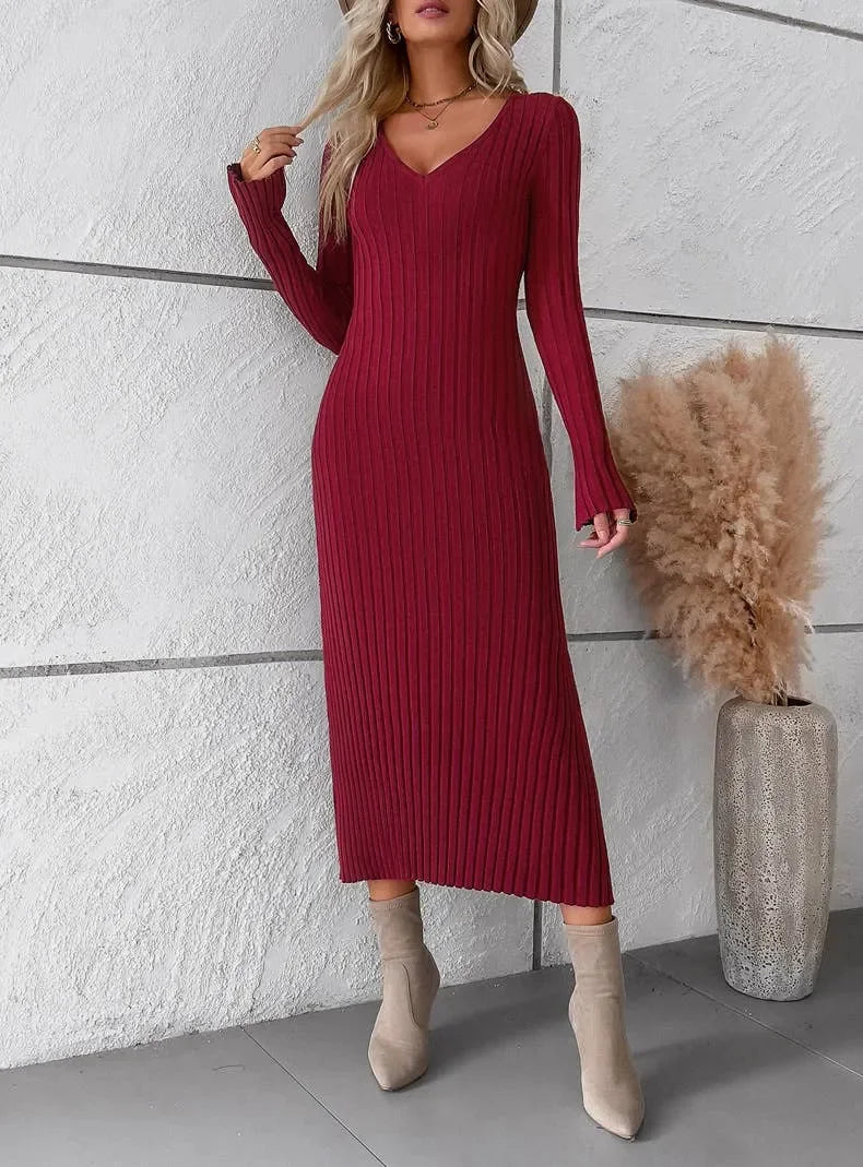 V-NECK LONG-SLEEVED | SWEATER DRESS | SOLID COLOR - Wildflower Enchanted